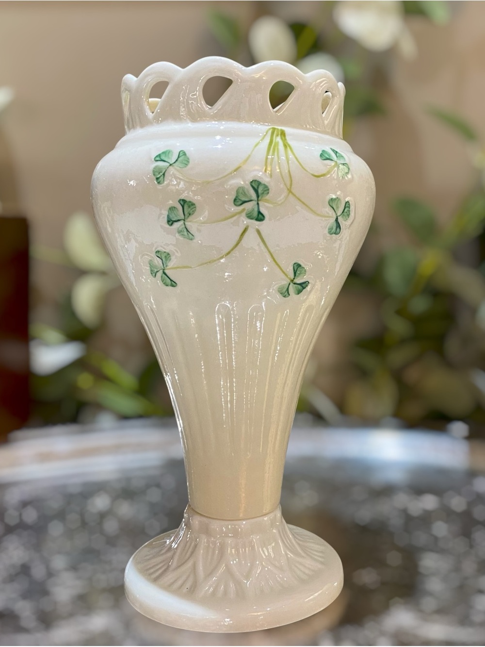 Vintage Belleek Pierced Shamrock Vase Tall Green Mark Beautiful Irish Porcelain
